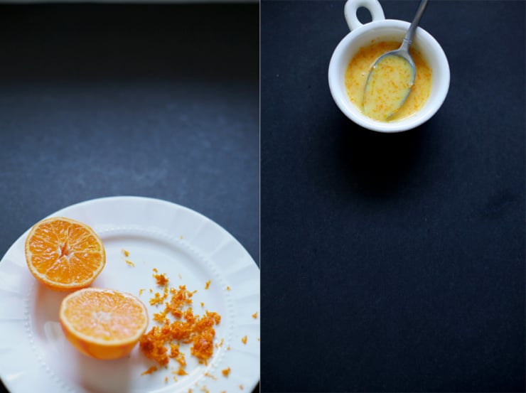 Two images show a split clementine on a. plate with scattered orange zest + a small bowl with a spoon in it with clementine glaze for muffins.