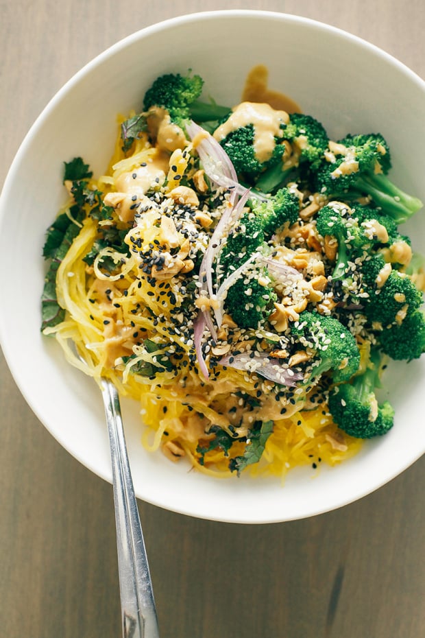 Spaghetti Squash Noodle Bowl with Peanut Sauce The First Mess