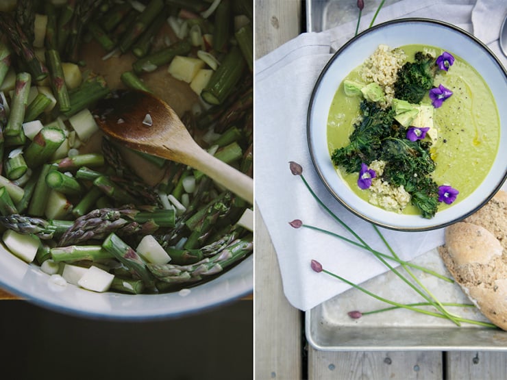 Two images show asparagus being saut&eacute;ed in a pot and a bowl of mellow green asparagus soup with lots of garnishes.