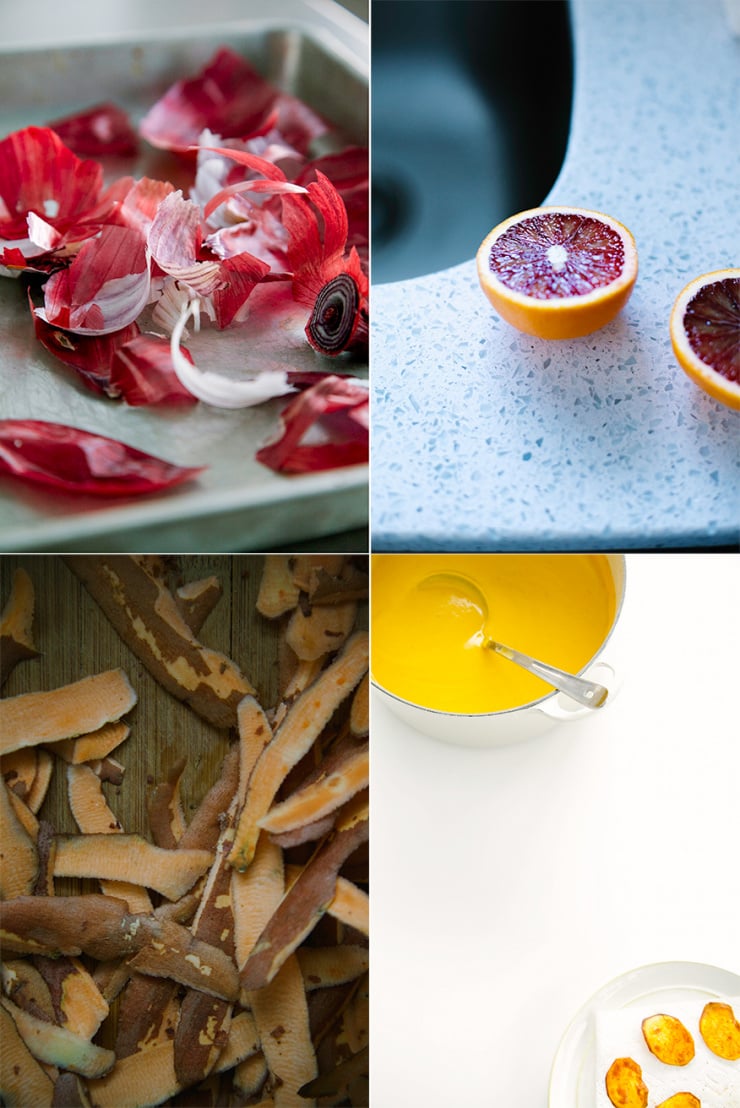 Four images show red onion skins, a cut blood orange, sweet potato peels and a pot of sweet potato soup.