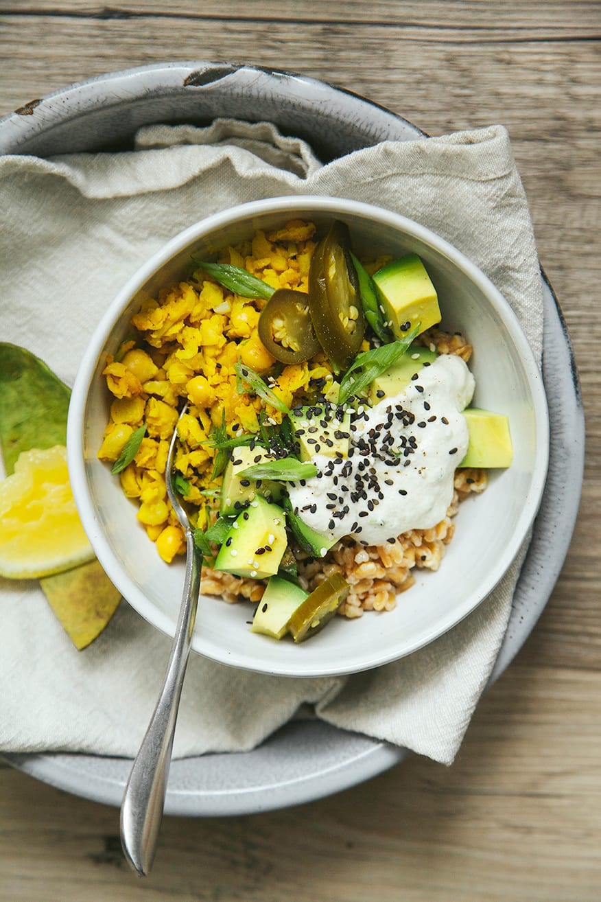 Farro Breakfast Bowl with Turmeric & Scallion Scrambled Chickpeas