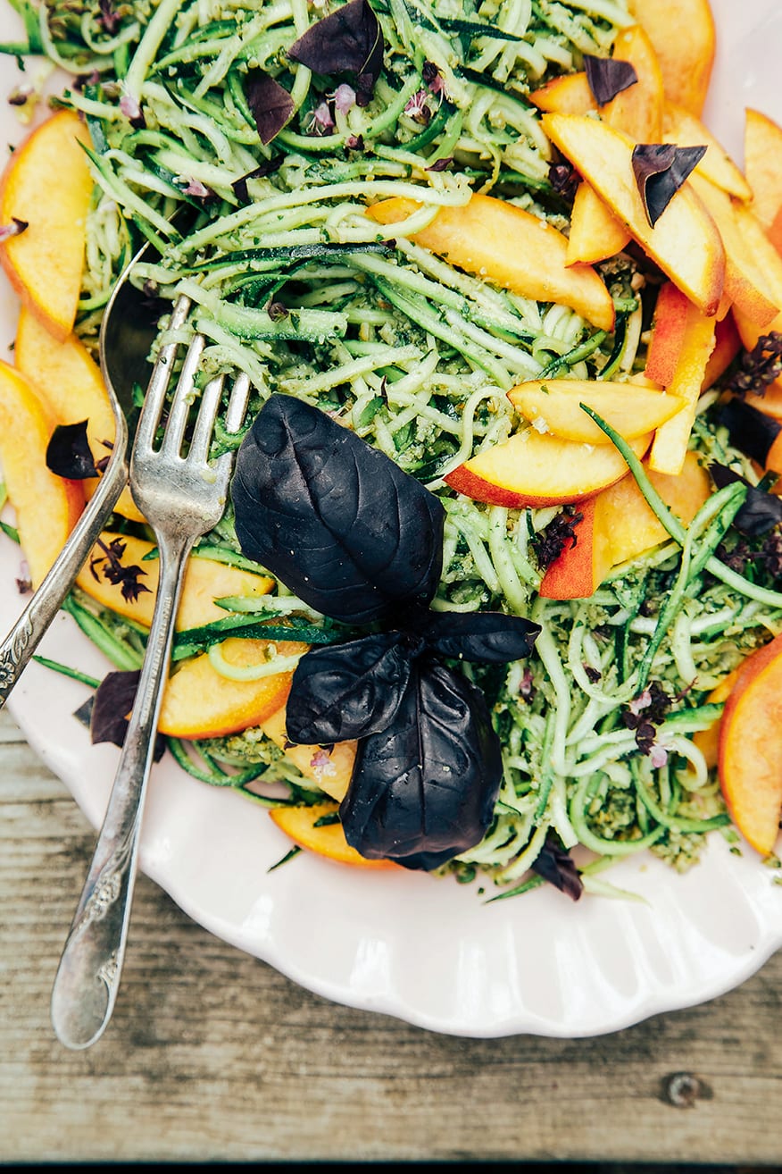 Zucchini Spaghetti with Pumpkin Seed Pesto Peaches