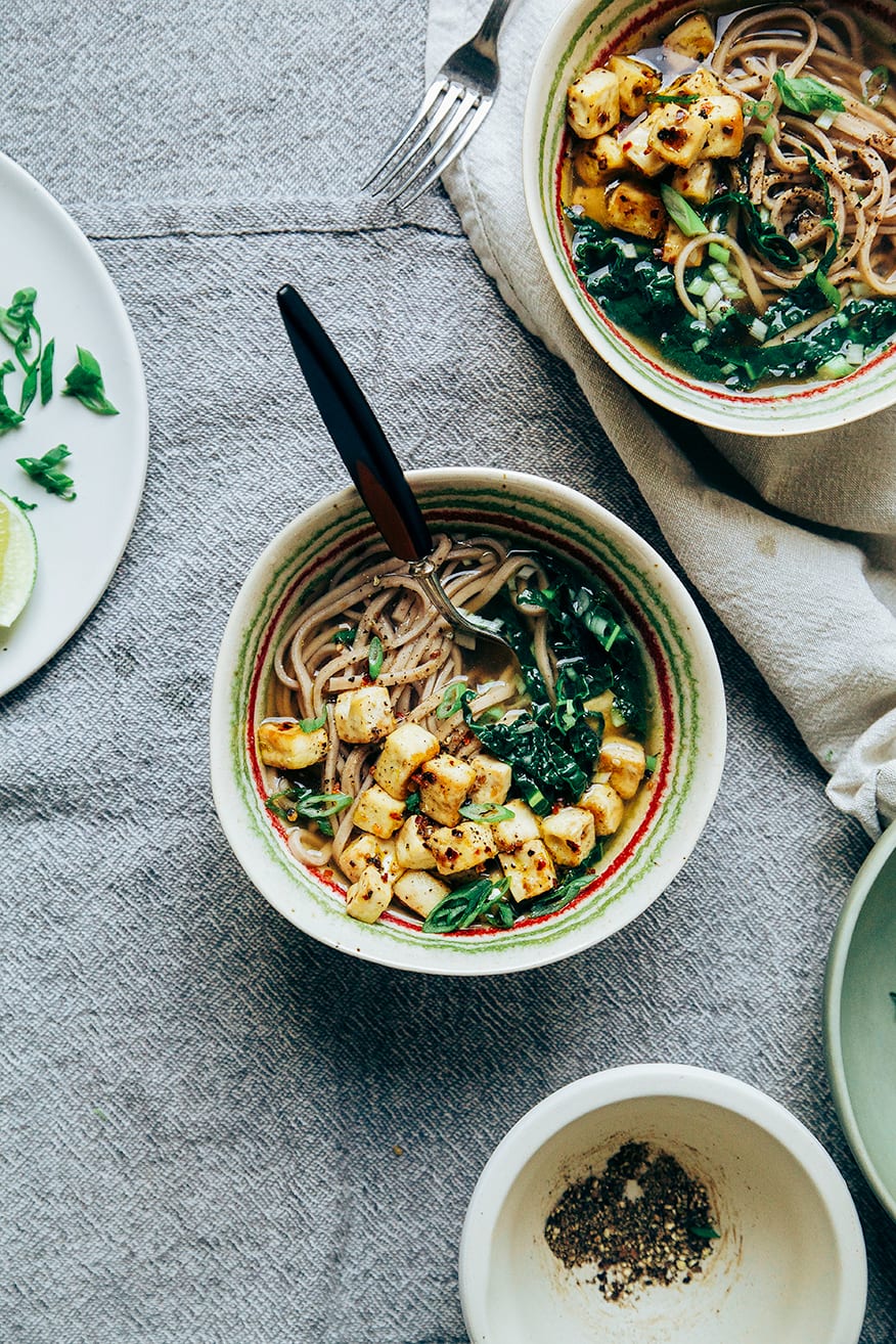 Miso Soba Noodle Soup with Crispy Tofu - Connoisseurus Veg