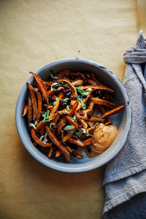 Curry Garlic Sweet Potato Fries w/ Miso Gravy The First Mess