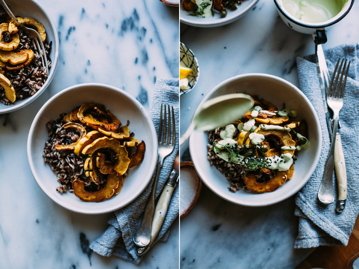 Two overhead shots of a rice bowl with roasted pieces of squash and a drizzle of a creamy, light green sauce.