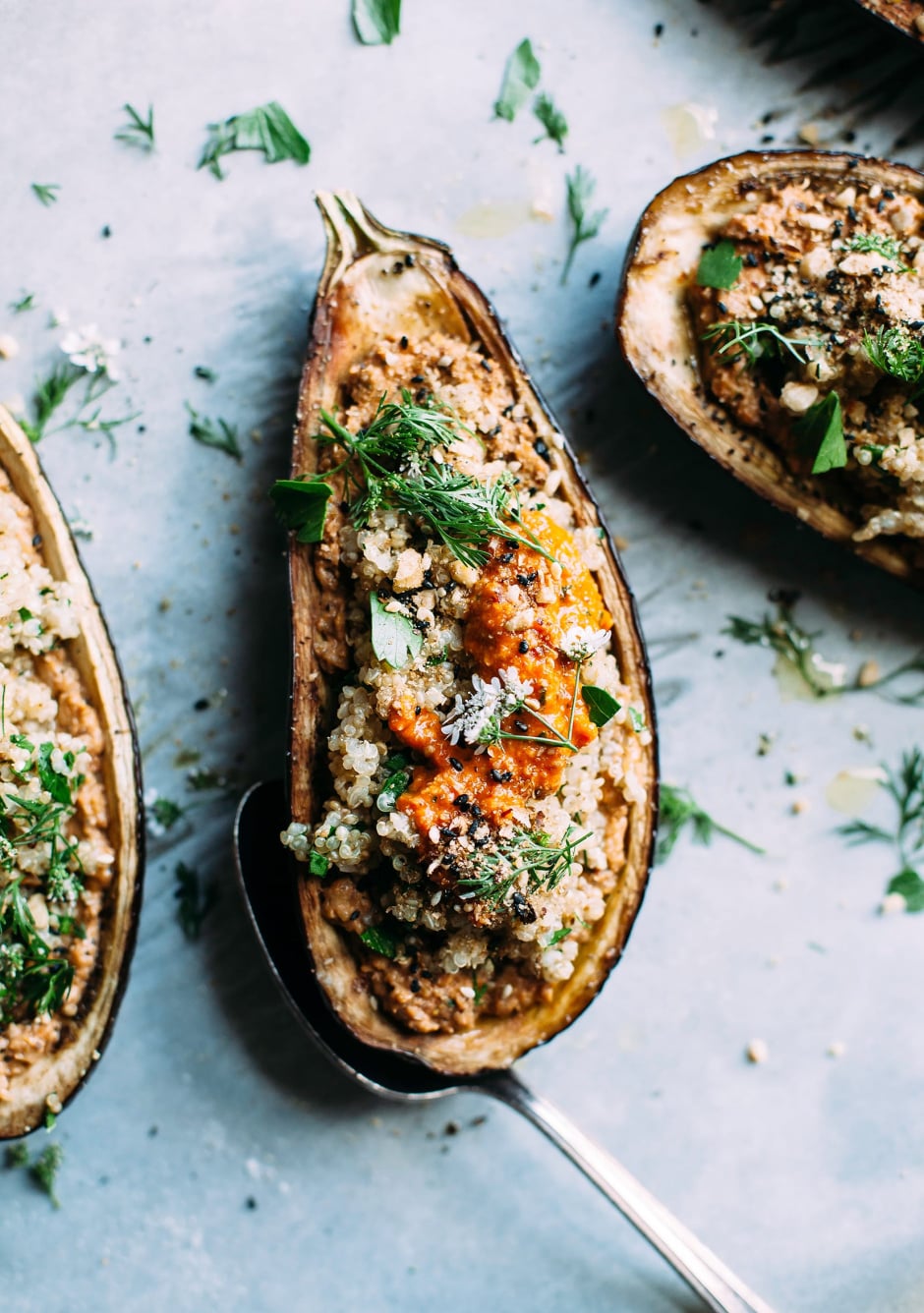 An overhead shot of a baked and stuffed eggplant half topped with a light red sauce and chopped herbs.