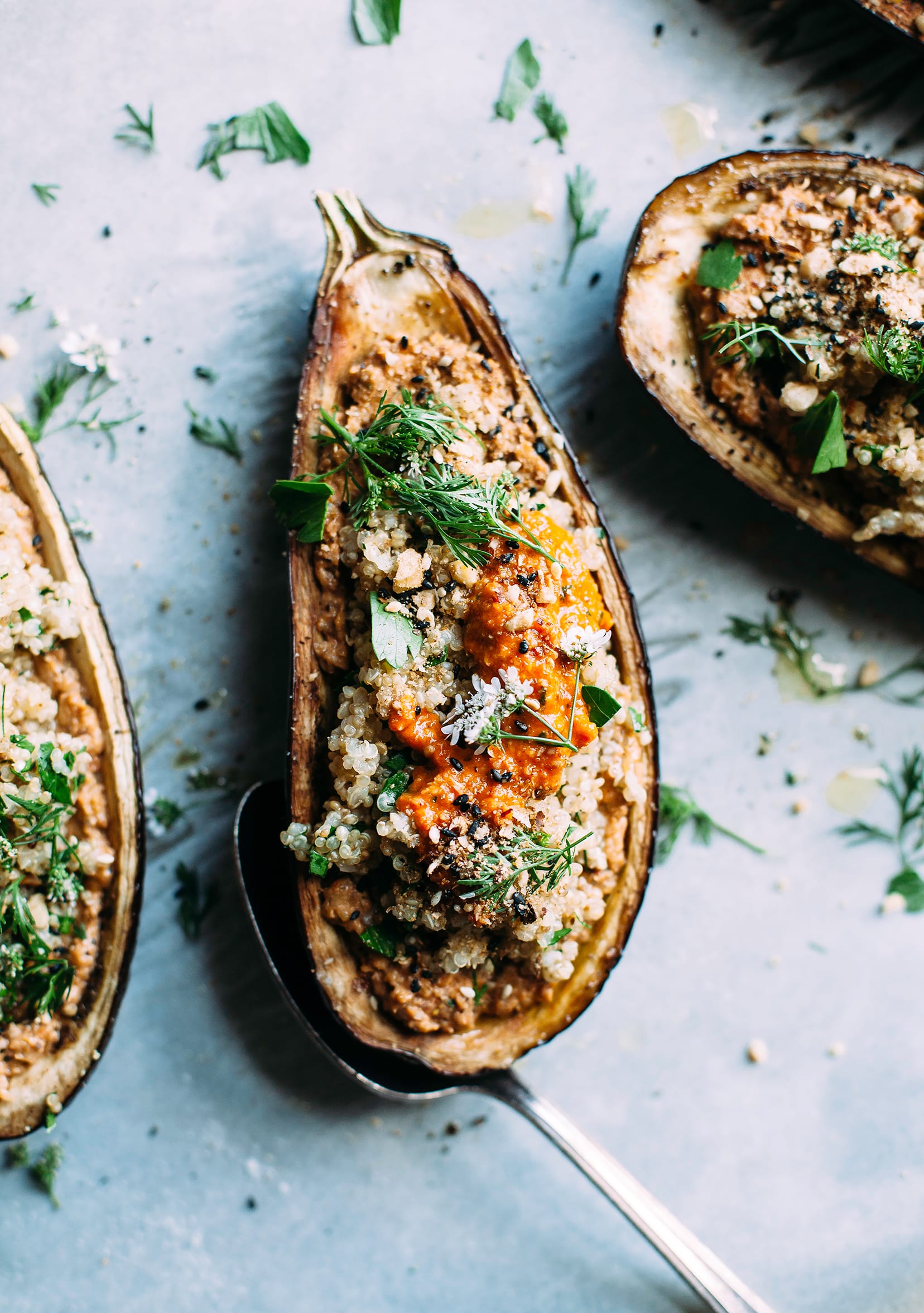 Stuffed Eggplant with Sunflower Romesco (Vegan)