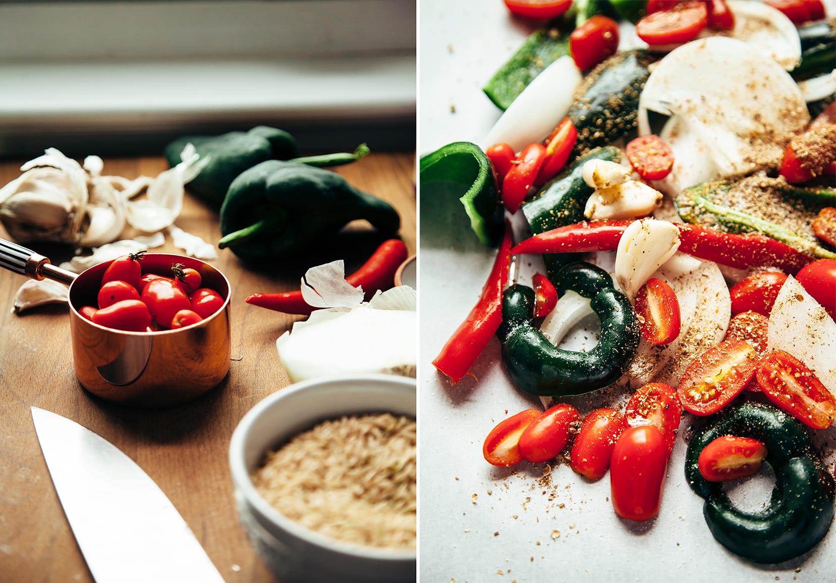 Two images show cherry tomatoes being measured and a bunch of chopped peppers, onions, and tomatoes on a parchment-lined baking sheet.