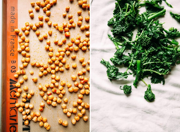 Two images show chickpeas on a baking sheet with spices and blanched broccoli rabe.
