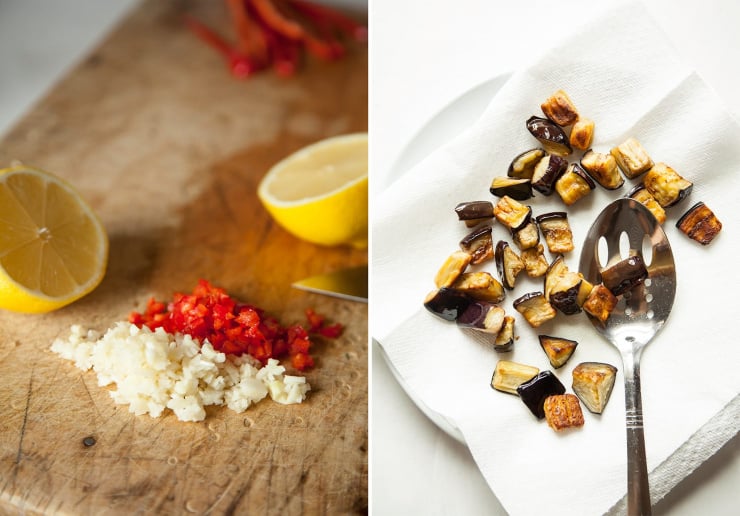 Two images show minced garlic and chilies and freshly fried eggplant.