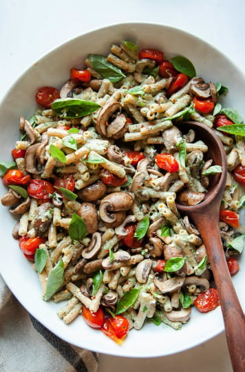 BASIL TAHINI PASTA WITH BURST TOMATOES & MUSHROOMS - The First Mess