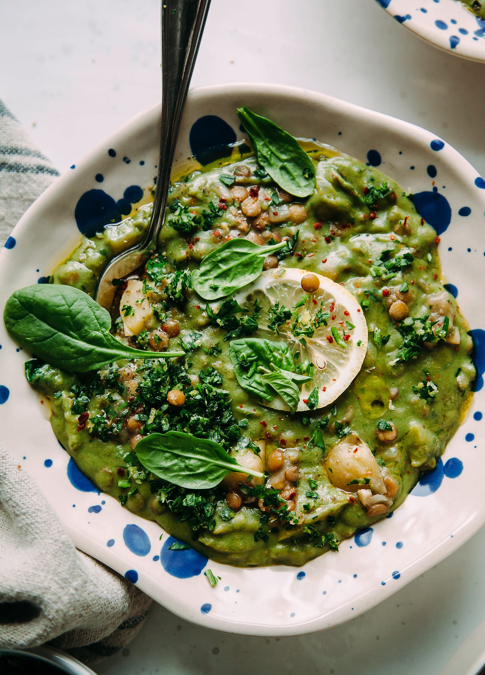 An overhead shot of a deep green stew with spinach and lemon