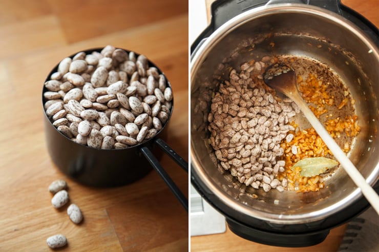 An overhead shot of dried pinto beans and spices in an Instant Pot