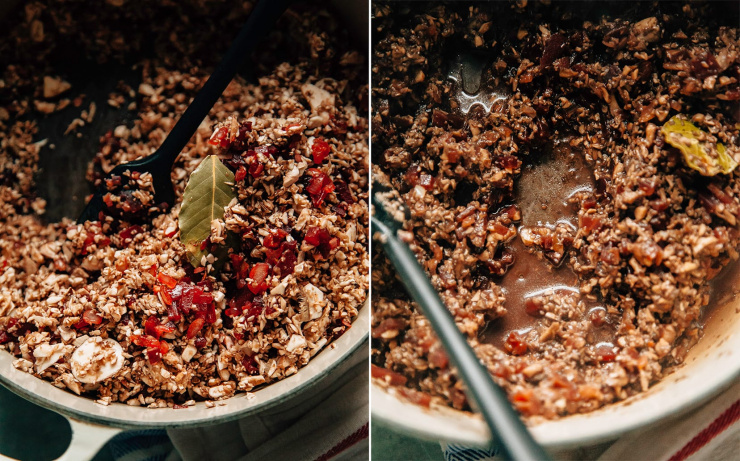 Two images show a finely chopped mushroom mixture being cooked down in a pot.
