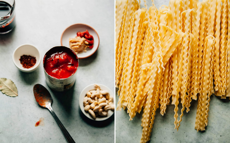 Two images show an open can of tomatoes and dry pasta.