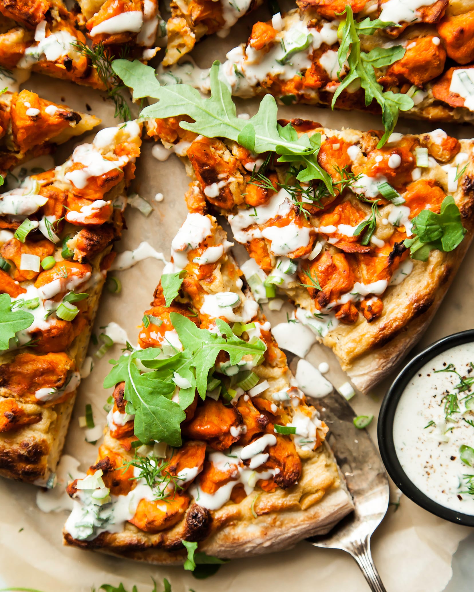 Vegan Buffalo Cauliflower Pizza W Roasted Onion Cream The First Mess