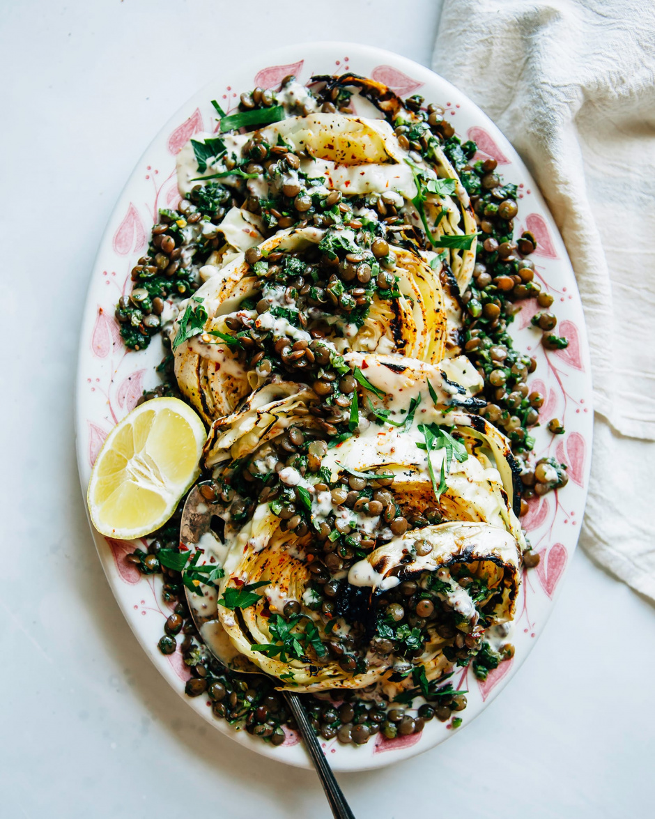Cabbage Steaks with Jalapeño Chimichurri Lentils - The First Mess