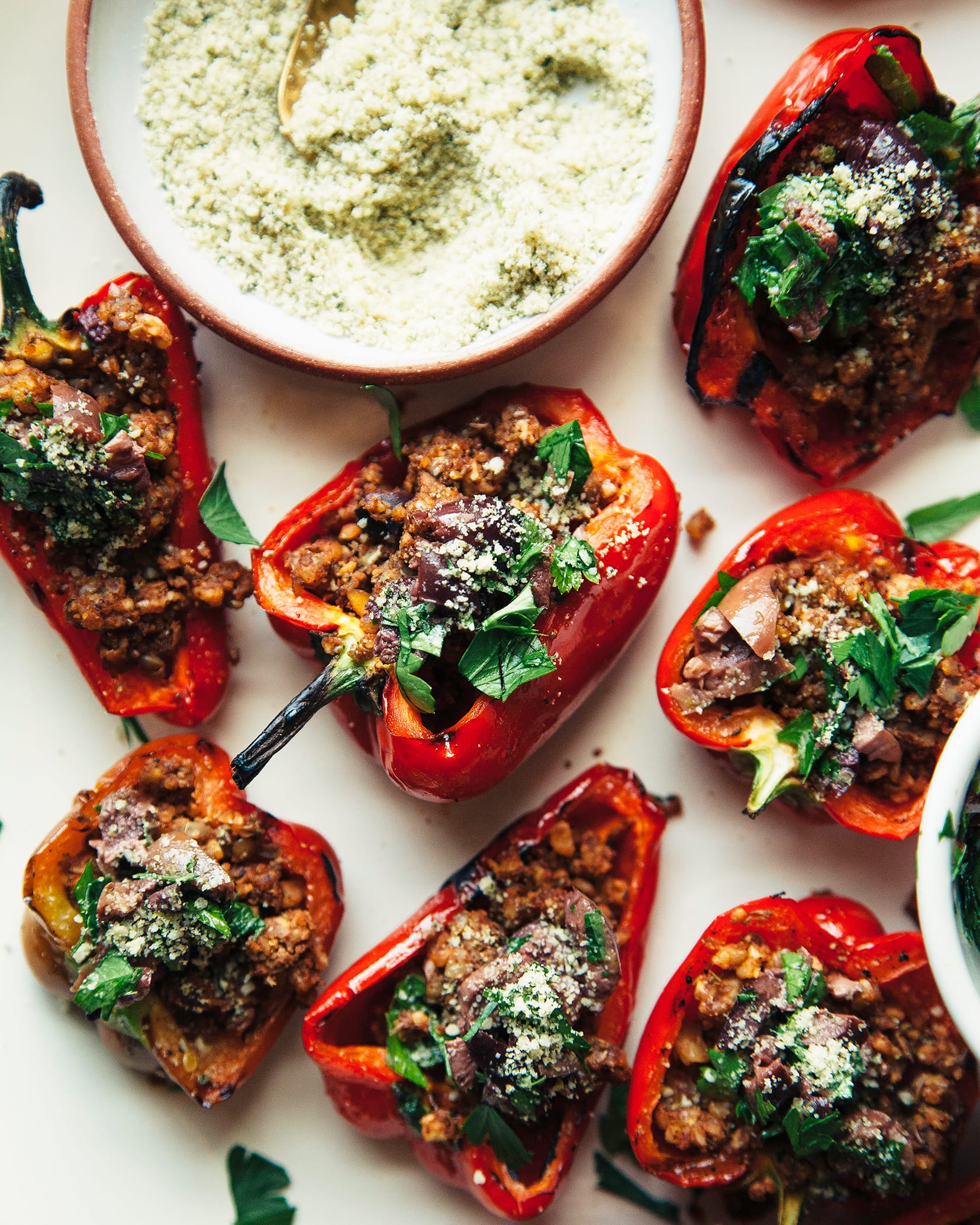 Grilled Mini Peppers with Spiced Walnut & Lentil Crumble