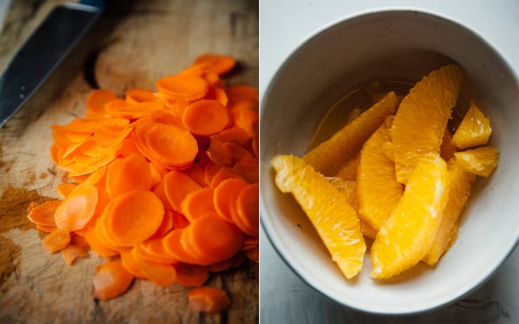 Two images show sliced carrots and segmented oranges.