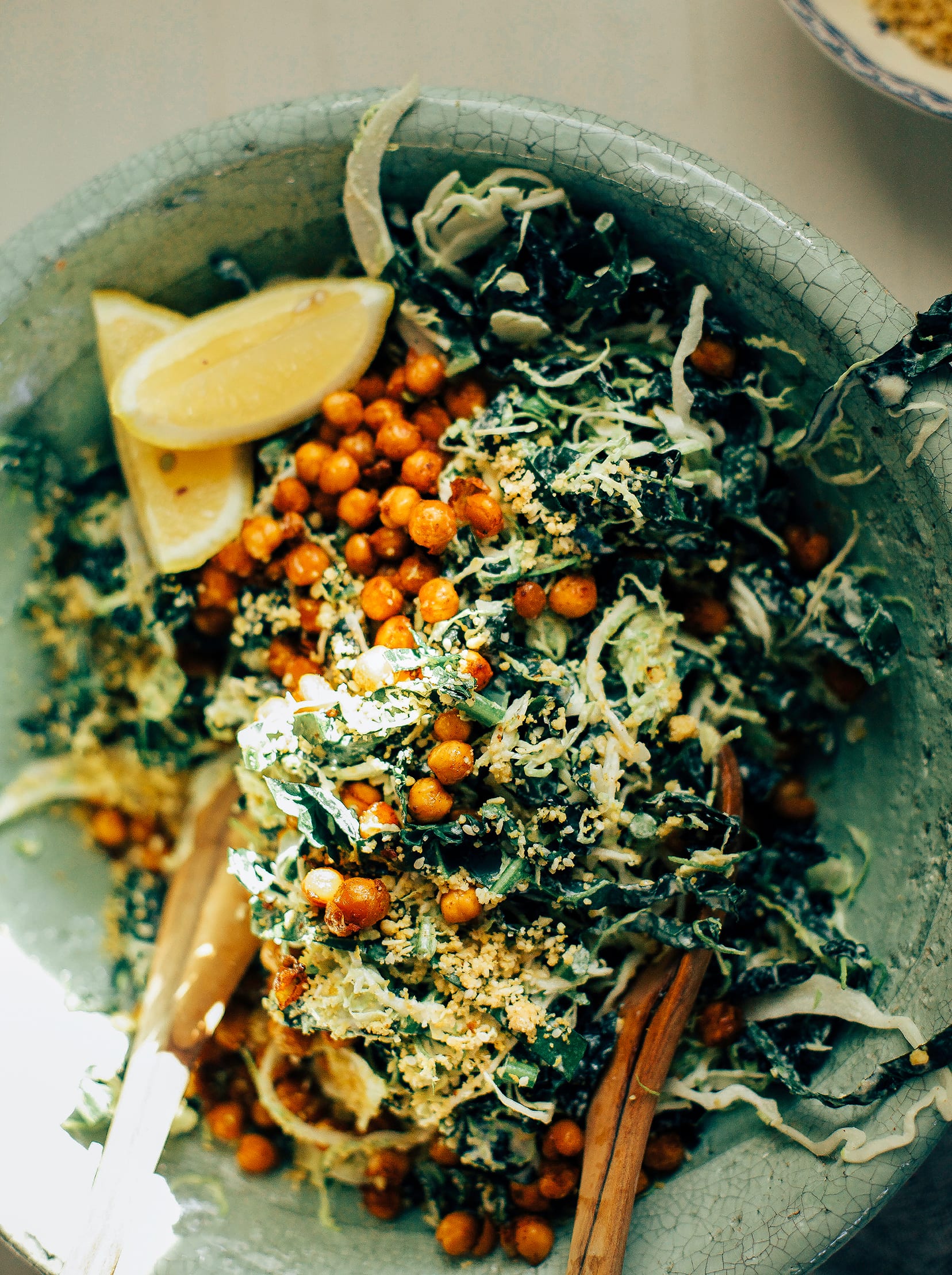 Brussels Sprout Caesar Slaw w/ Kale, Chickpeas & Parm