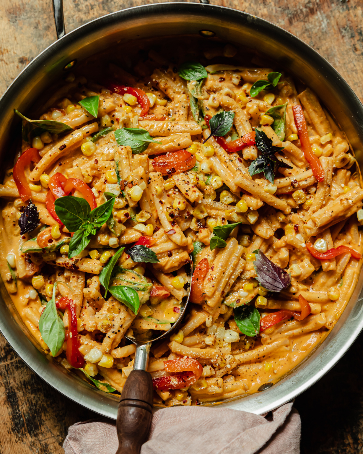 Vegan Red Pepper Pasta with Charred Corn & Basil | The First Mess