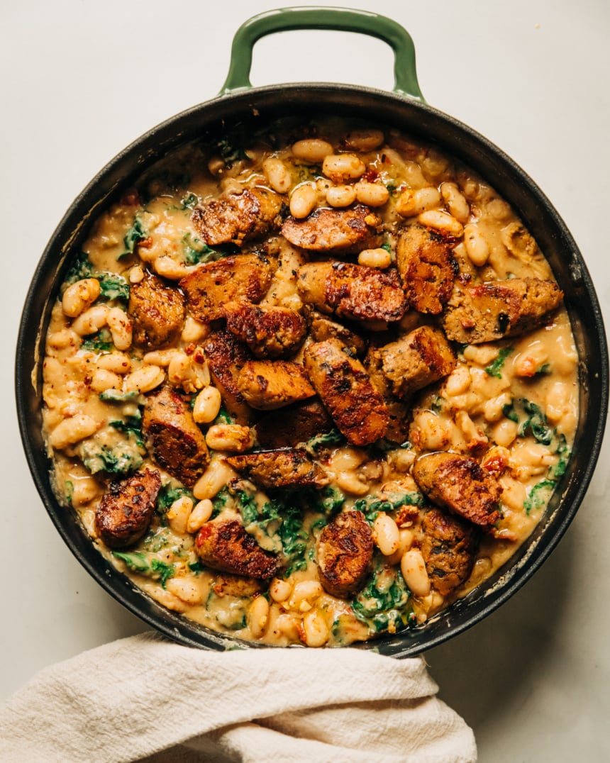 Veggie Sausage White Bean Skillet with Kale The First Mess