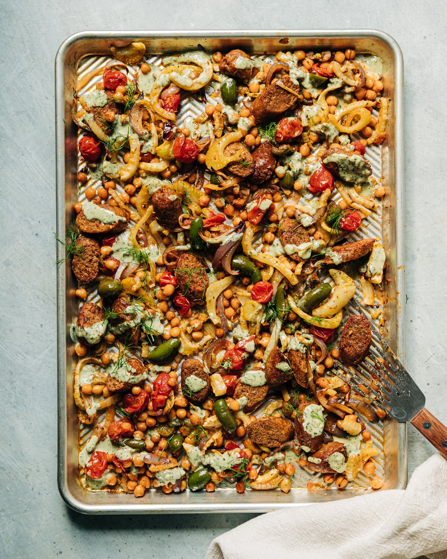 Veggie Sausage Sheet Pan Dinner with Pesto Cream