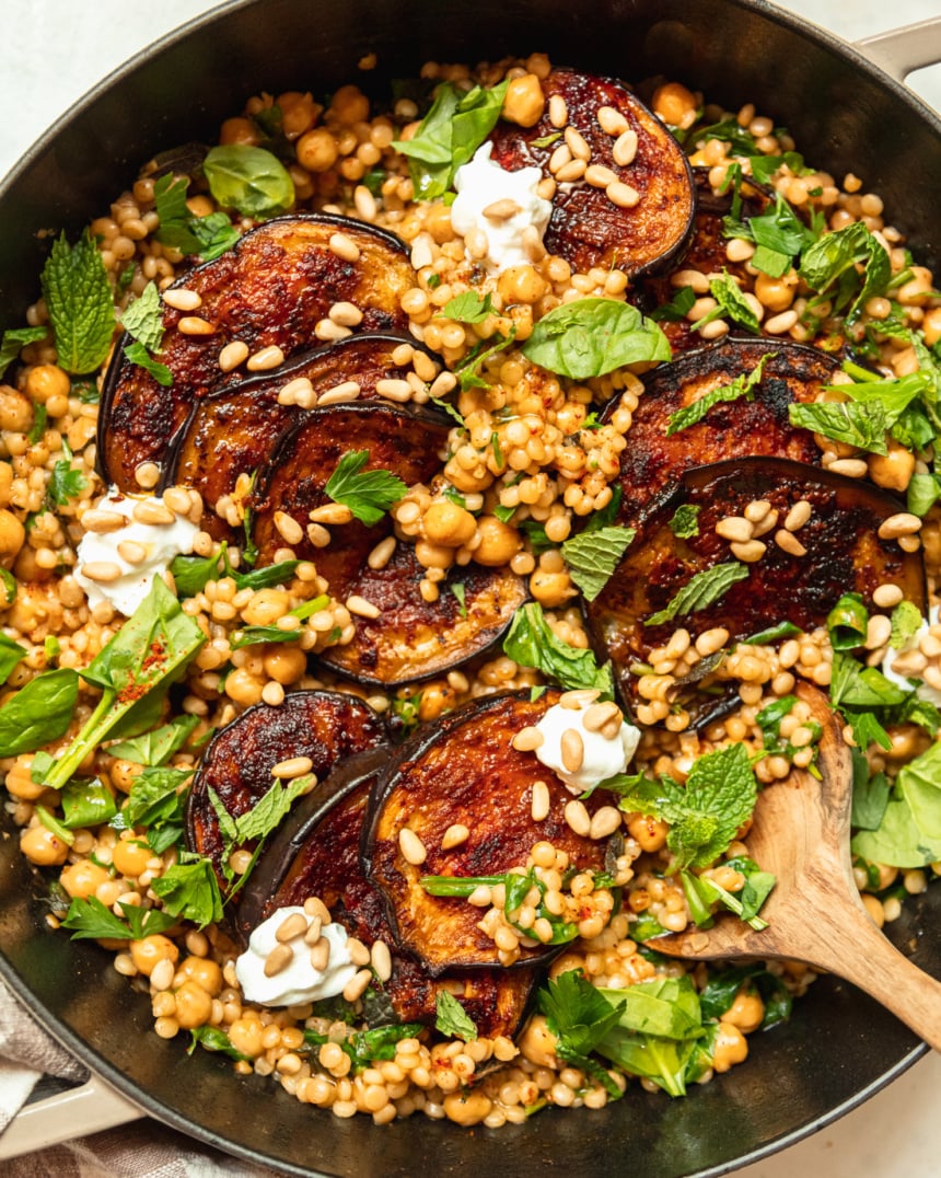 OnePan Harissa Eggplant, Pearl Couscous and Chickpeas Karinokada