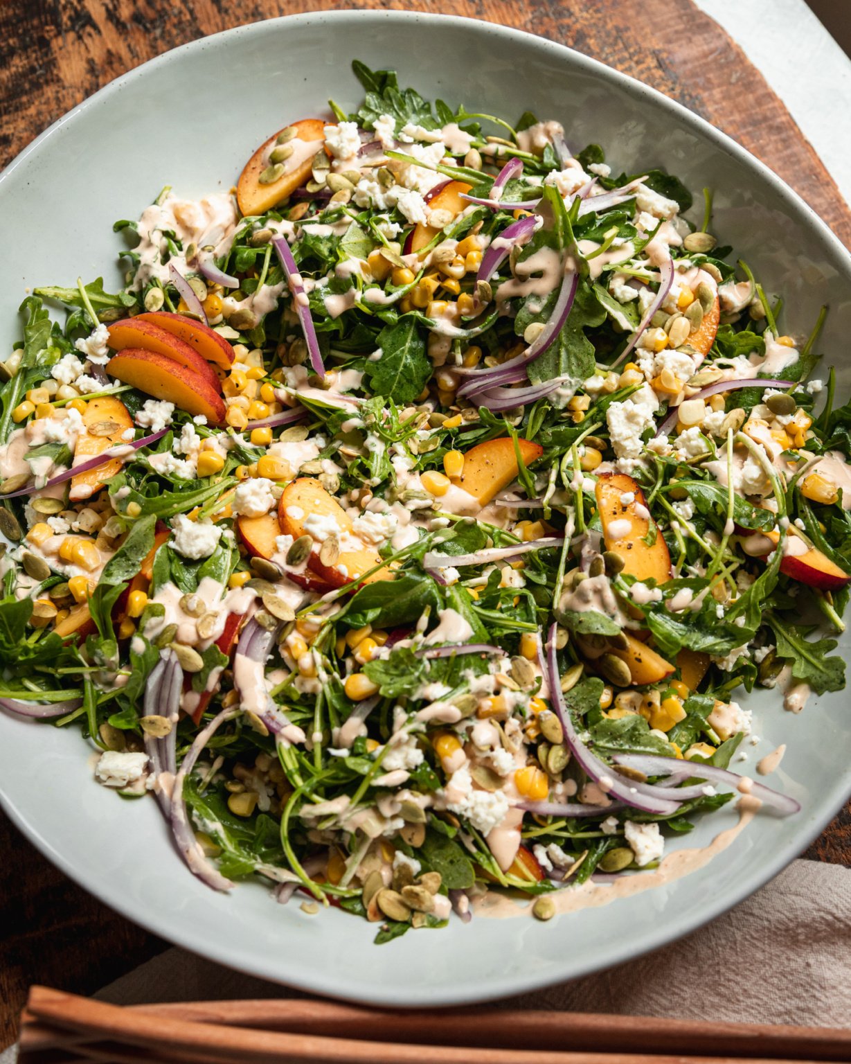 Fresh Summer Salad with Arugula, Corn & Spicy Cashew Dressing The