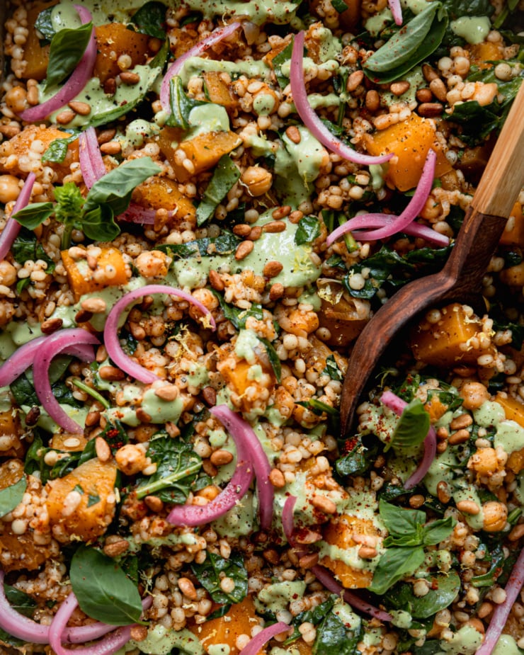 An up close show shows baked pearl couscous and butternut squash. The bake features chickpeas and spinach, and is topped with pickled red onions and drizzles of a creamy green basil tahini sauce. A wooden serving spoon is sticking out of the dish.