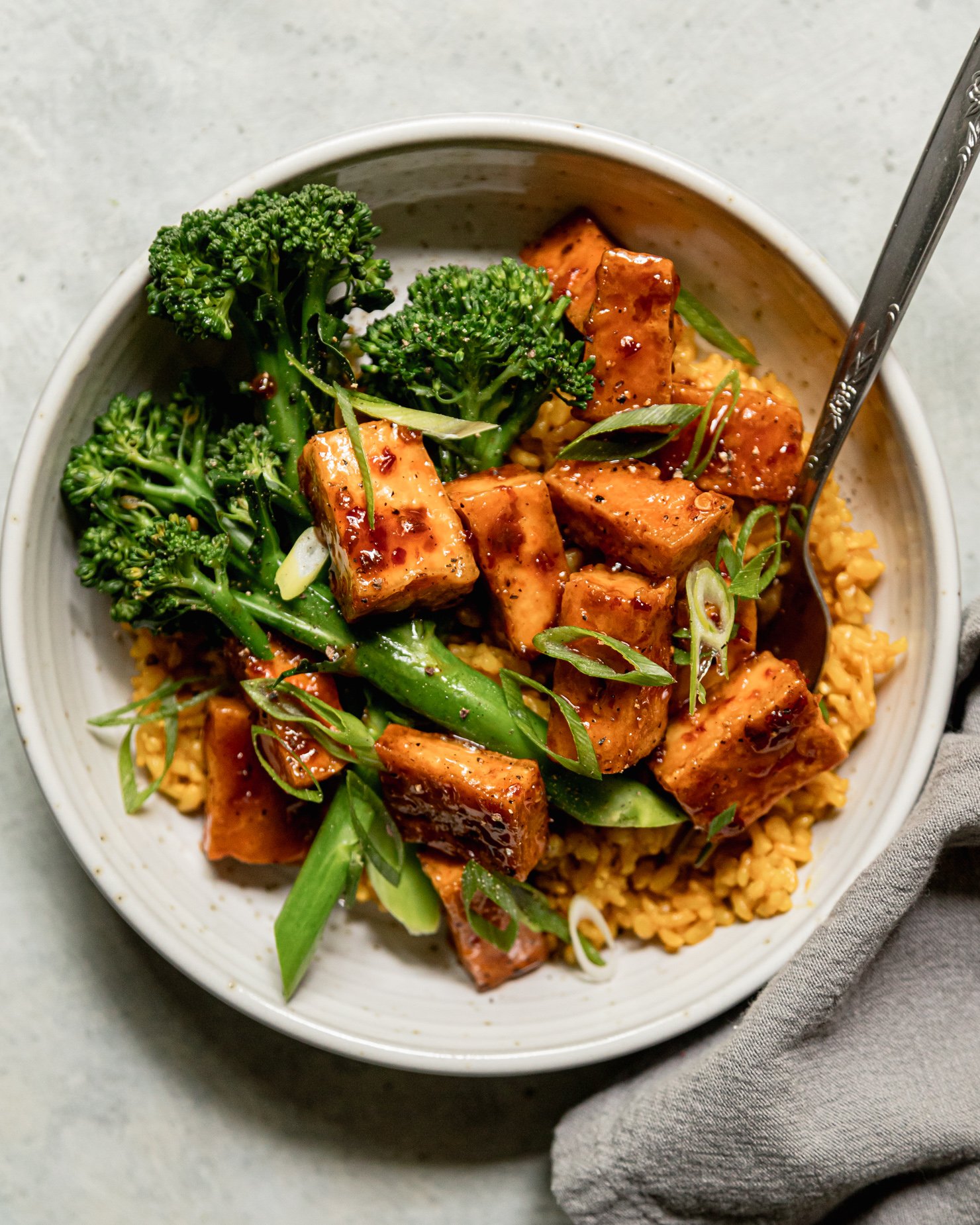 Spicy Maple Tofu Bowls with Golden Garlic Rice Broccolini