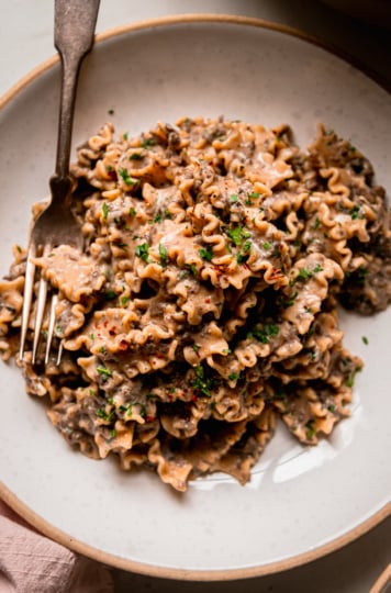 An overhead shot shows a bowl of creamy vegan pasta with a finely chopped mushroom and miso sauce. The pasta shape is like little ruffles and the whole dish is garnished with parsley.