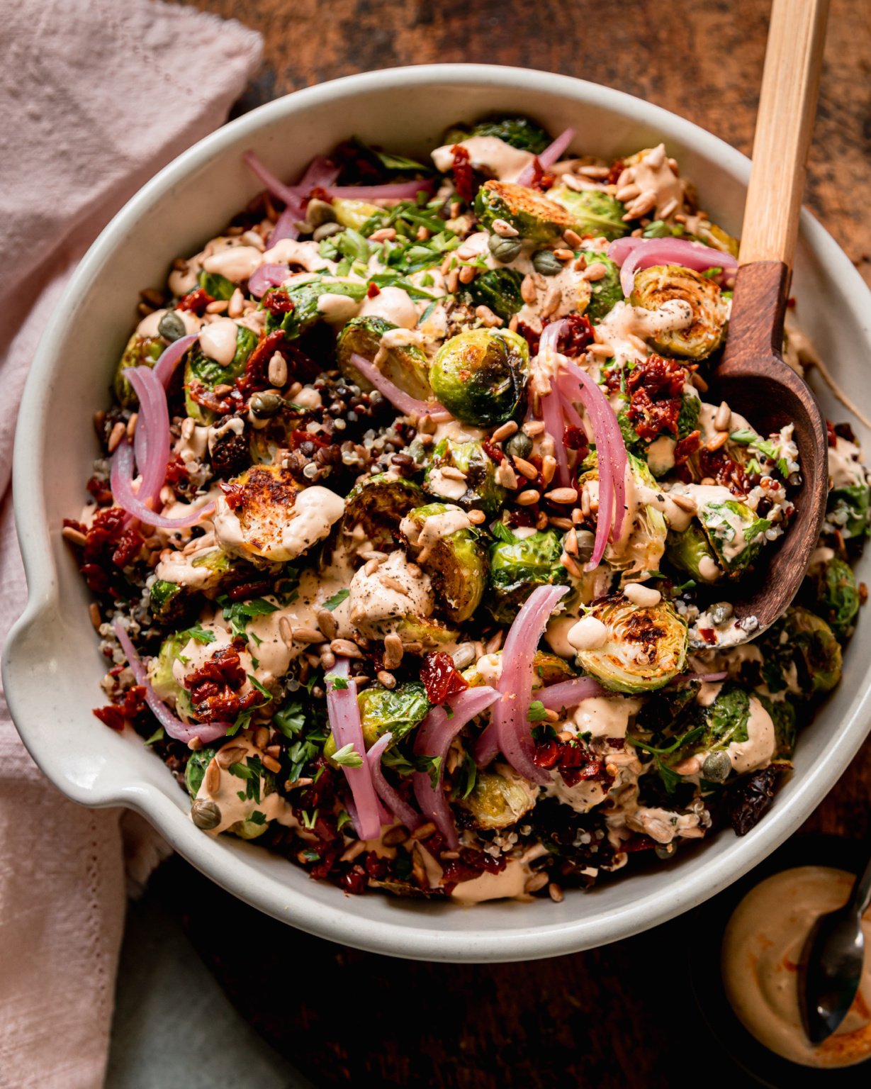Roasted Brussels Sprouts Quinoa Lentil Salad with Spicy Caesar Dressing