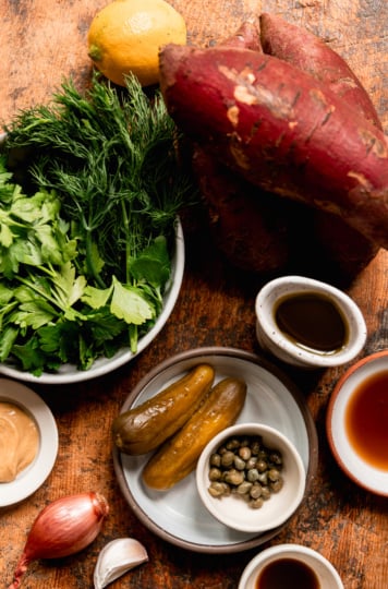 An overhead shot shows ingredients for a grilled vegetable side dish.