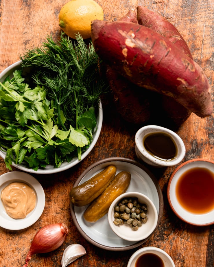 Overhead shots show the ingredients of roasted vegetables side dishes.