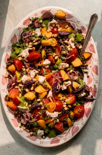 An overhead shot shows a black lentil salad on a platter with diced peaches, cherry tomatoes, vegan feta, sumac onions, pine nuts, and basil vinaigrette. A serving spoon is tucked into the side of the salad. The photo is shot in direct sun light.