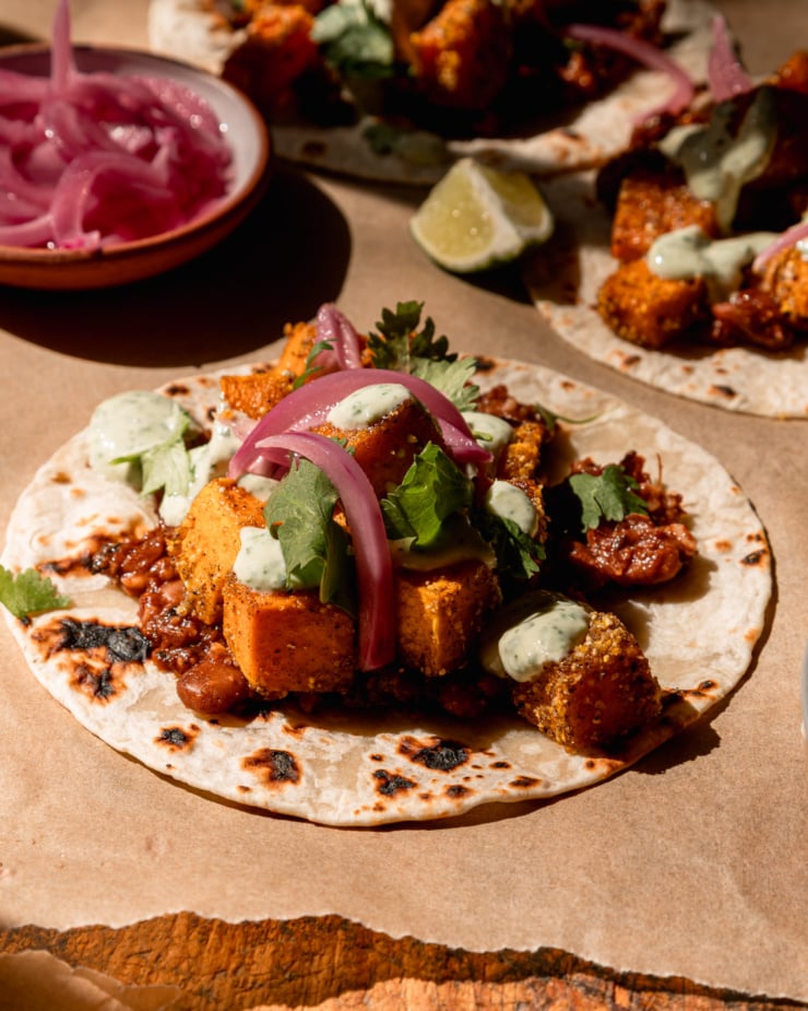 Frontal shot shows a grilled butternut squash taco, flat in direct sunlight. The tacos are also served with crumbled beans, pickled red onions, creamy sauce and cilantro.