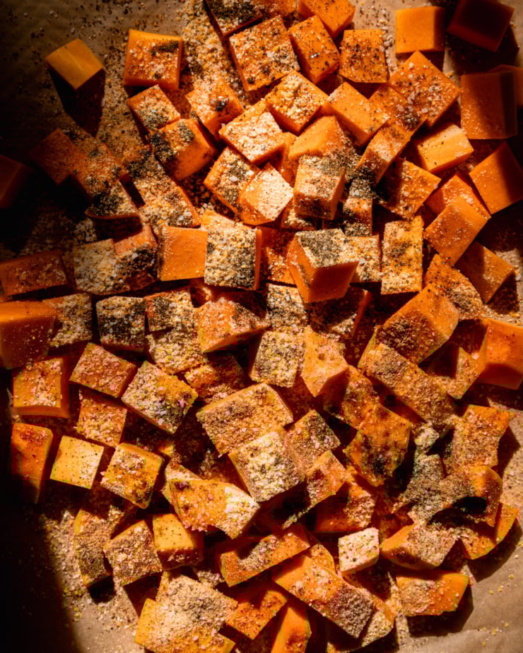 Overhead lens shows the cube root squash along the spice powder.