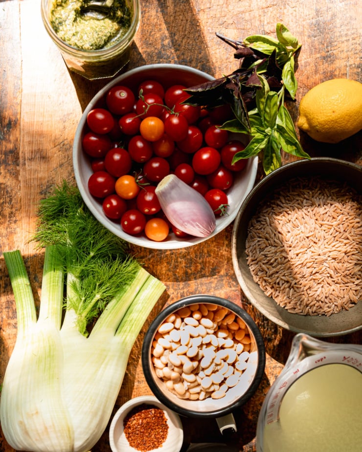 The overhead shot shows the ingredients of vegan dishes: Orzo, white beans, cherry tomatoes, pesto sauce and fresh fennel.