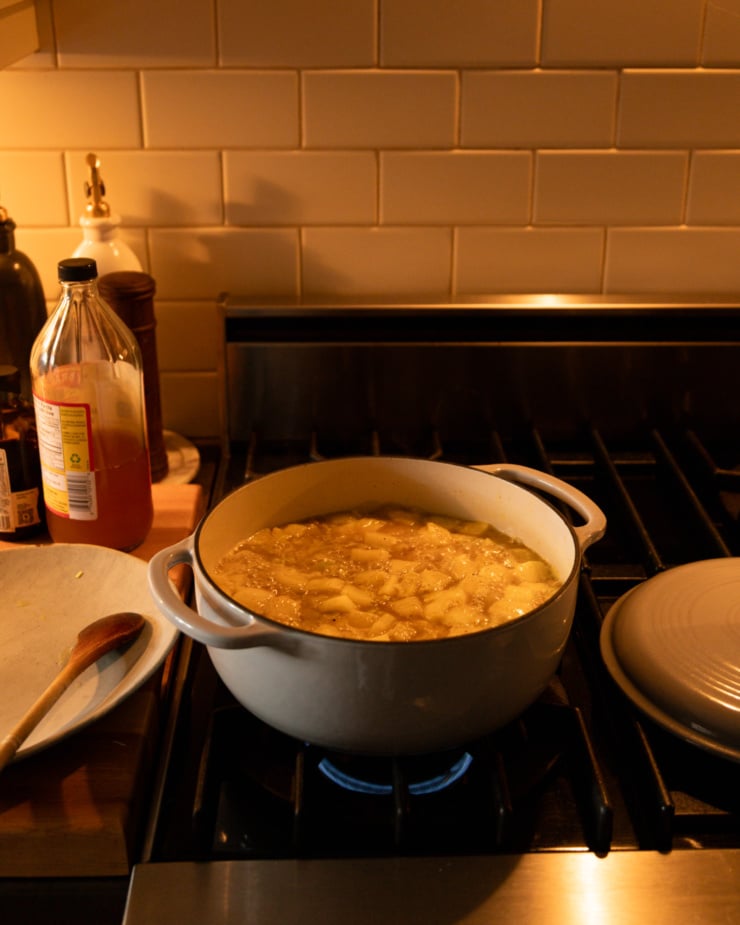 A frontal shot shows a Dutch oven filled with stock and vegetables cooking on a gas stove. On a nearby counter were several bottles and a pepper mill.