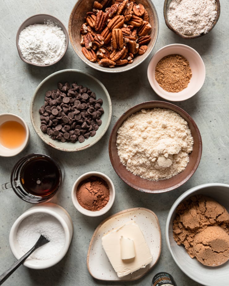 An overhead view showing the various vegan baking ingredients in a bar recipe.