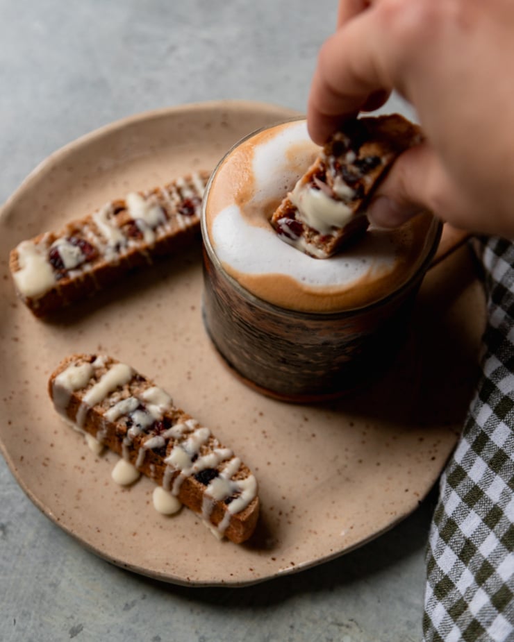 3/4 corner image shows a hand dipping shortbread into frothy coffee.