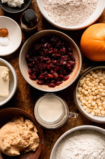 An overhead shot shows ingredients needed for vegan biscotti.