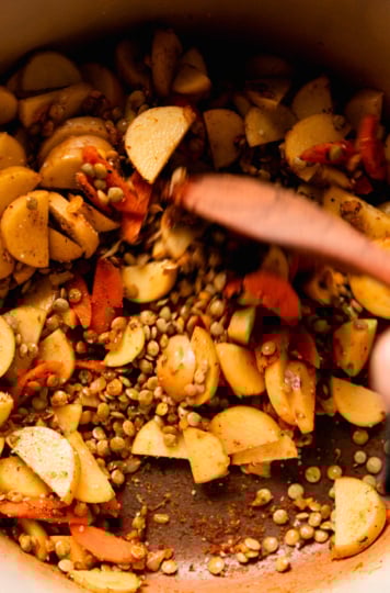 An overhead shot shows a hand using a wooden spoon to stir up carrots, potatoes, green lentils, and spices.