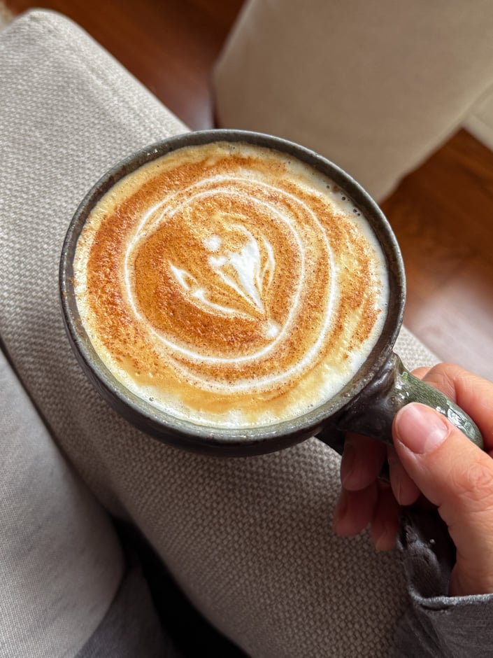 Overhead view of a handmade dark ceramic mug held in someone's hand, containing a latte topped with cinnamon powder dusted in concentric circles and a leaf latte art design in the center of the foam