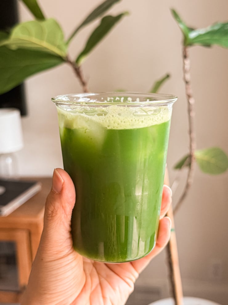 Hand holding a glass of iced green juice with foam on top, in front of a fiddle leaf fig plant.